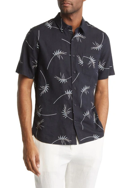 Vince Willow Leaf Short Sleeve Linen Blend Button-up Shirt In Coastal-403cbl