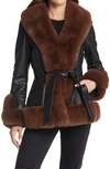 Azalea Wang Faux Leather & Faux Fur Belted Coat In Black