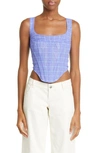 Miaou Campbell Plaid Stretch Mesh Corset Top In Baby Periwinkle Plaid