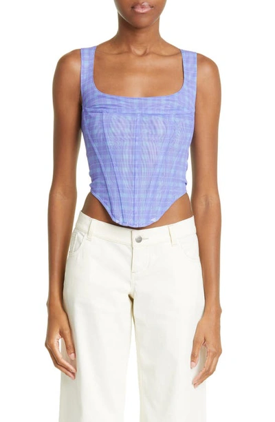 Miaou Campbell Plaid Stretch Mesh Corset Top In Baby Periwinkle Plaid