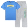 CONCEPTS SPORT CONCEPTS SPORT POWDER BLUE/HEATHER GRAY LOS ANGELES CHARGERS BIG & TALL T-SHIRT & PAJAMA PANTS SLEEP