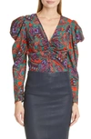 Veronica Beard Simmons Printed Ruched Blouse In Flame Red Multi