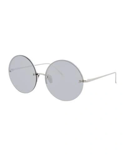 Linda Farrow Rimless Round Mirrored Sunglasses, White Gold In White/gold