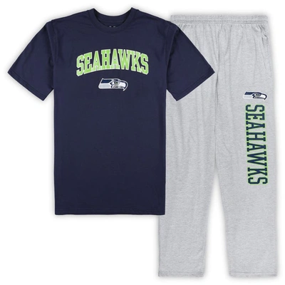 Concepts Sport College Navy/heather Grey Seattle Seahawks Big & Tall T-shirt & Pyjama Trousers Sleep Se In Navy,heather Grey