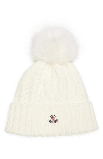 Moncler Virgin Wool & Cashmere Rib Beanie With Faux Fur Pompom In White