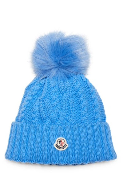 Moncler Virgin Wool & Cashmere Rib Beanie With Faux Fur Pompom In Blue