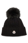 MONCLER VIRGIN WOOL & CASHMERE RIB BEANIE WITH FAUX FUR POMPOM