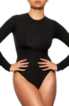 Skims Fits Everybody Long Sleeve Crew Neck Bodysuit In Onyx In Onyx
