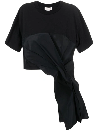 Alexander Mcqueen Hybrid Drape Asymmetric Cotton And Faille T-shirt In Black