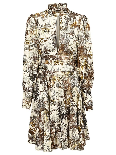 Lavi Printed Flared Short Dress In Beige