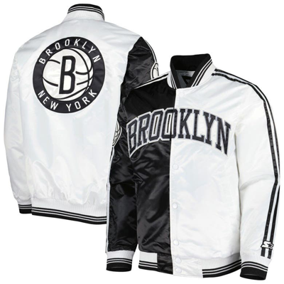 Starter Men's  Black, White Brooklyn Nets Fast Break Satin Full-snap Jacket In Black,white