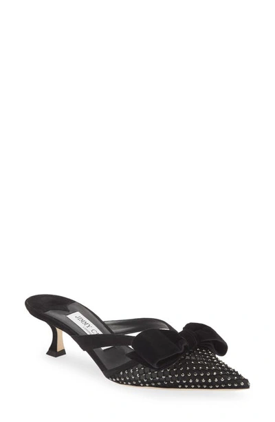 Jimmy Choo Flaca 50 Bow And Crystal-embellished Mesh And Suede Mules In Black