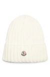 Moncler Ribbed-knit Logo-patch Virgin Wool Beanie In White