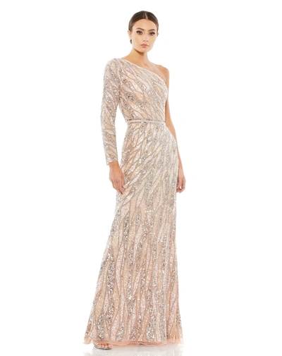 Mac Duggal Embellished One Sleeve Gown W/ Sequin Belt In Rose Gold
