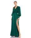 Ieena For Mac Duggal Split Long Sleeve Faux Wrap Satin Gown In Deep Emerald