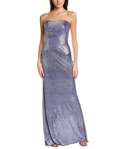 Rene Ruiz Strapless Metallic Knit Gown In Blue