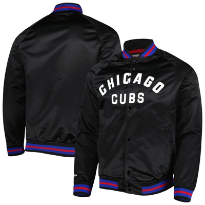 Mitchell & Ness Men's  Black Chicago Cubs Satin Raglan Full-snap Varsity Jacket