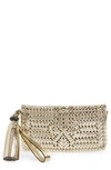 ANYA HINDMARCH THE NEESON HERRINGBONE WOVEN METALLIC LEATHER TASSEL CLUTCH