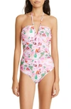 Ganni Pink Floral Swimsuit In Sugar Plum