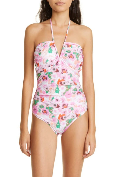 Ganni Recycled Printed V-string One Piece Swimsuit In Pink