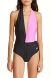 Ganni Colorblock Twist Front One-piece Swimsuit In Sugar Plum