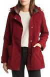 Gallery Cinched Waist Hooded Raincoat In Merlot