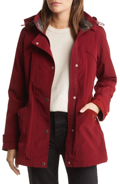 Gallery Cinched Waist Hooded Raincoat In Merlot