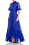 MAC DUGGAL RUFFLE HIGH NECK FLUTTER SLEEVE A-LINE GOWN