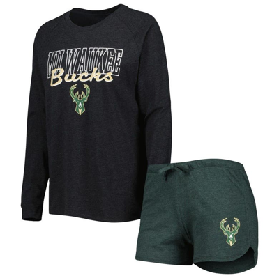 Concepts Sport Heather Black/heather Hunter Green Milwaukee Bucks Team Raglan Long Sleeve T-shirt & In Heather Black,heather Hunter Green