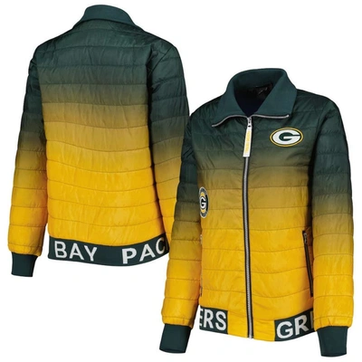 The Wild Collective Women's Green, Gold Green Bay Packers Color Block Full-zip Puffer Jacket In Green,gold