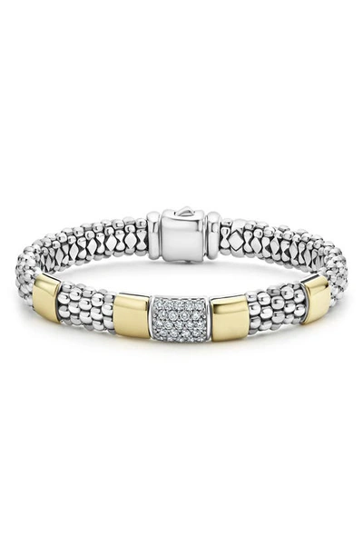 Lagos Diamond And Smooth Station Bracelet In 18k Gold With Sterling Silver Caviar Beading