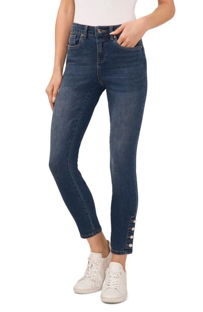 Cece Pearl Bead Trim High Waist Jeans In Mid Indigo