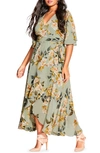 City Chic Magnolia Floral Print Tie Waist Maxi Dress In Green
