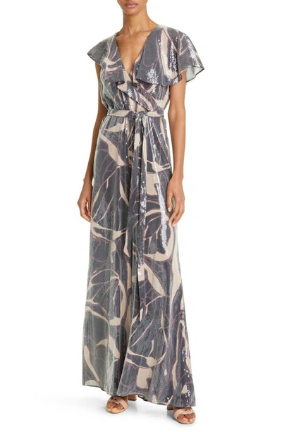 Ted Baker Edennie Print Ruffle Sequin Jumpsuit In Beige