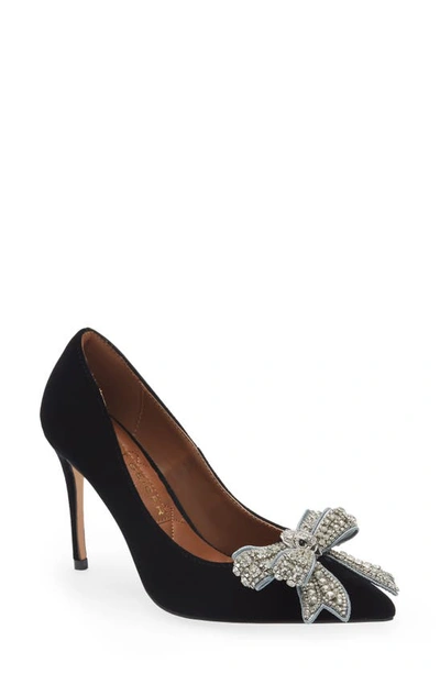 Kurt Geiger London Belgravia Bow Velvet Pointed Toe Pump In Black