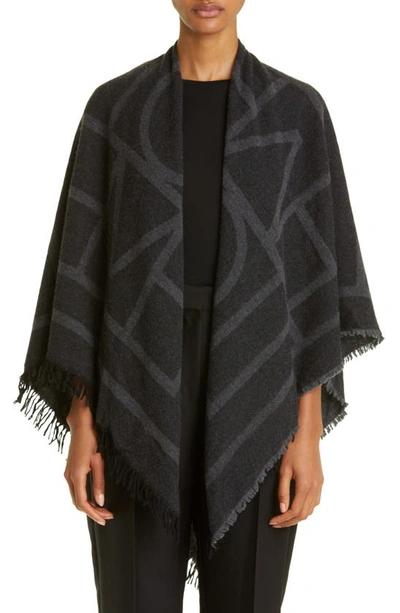 Totême Monogram Wool & Cashmere Fringe Scarf In Dark Grey Monogram