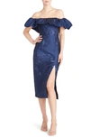 ml Monique Lhuillier Floral Print Metallic Off The Shoulder Ruffle Trim Midi Dress In Navy