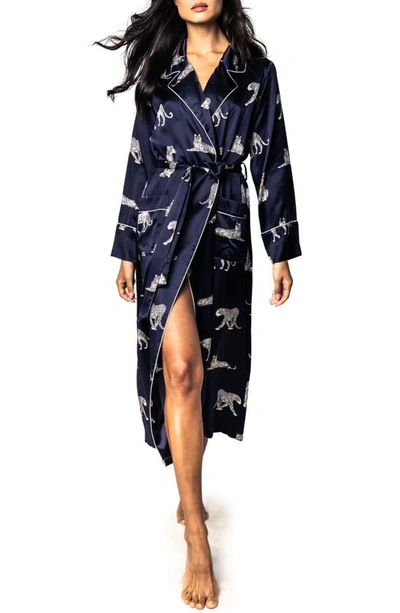 Petite Plume Panthere De Nuit Long Printed Silk Robe In Navy