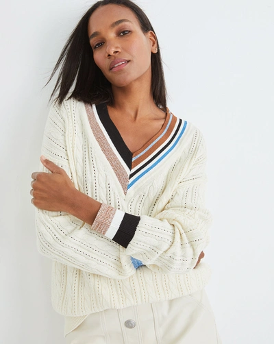 Veronica Beard Rory Striped Cable-knit Cotton-blend Sweater In Ivory