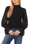 Cece Sheer Sleeve Mock Neck Mixed Media Top In Rich Black