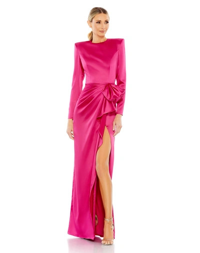 Ieena For Mac Duggal Long Sleeve Structured Bow Draped Gown In Magenta