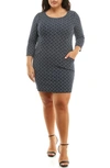 NINA LEONARD PATTERNED 3/4 SLEEVE TRAPEZE DRESS