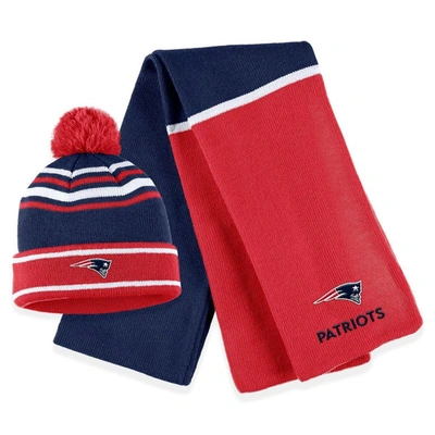 Wear By Erin Andrews Red New England Patriots Colourblock Cuffed Knit Hat With Pom And Scarf Set