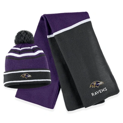 WEAR BY ERIN ANDREWS WEAR BY ERIN ANDREWS PURPLE BALTIMORE RAVENS COLORBLOCK CUFFED KNIT HAT WITH POM AND SCARF SET