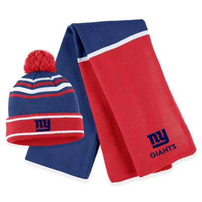 Wear By Erin Andrews Royal New York Giants Colourblock Cuffed Knit Hat With Pom And Scarf Set