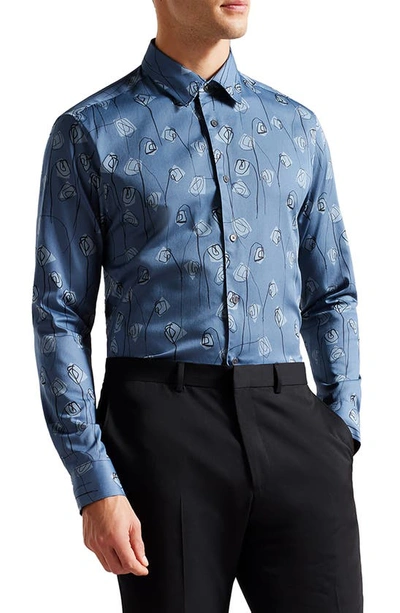 Ted Baker Frith Floral-print Stretch-cotton Shirt In Blue