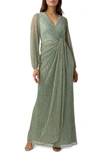 Adrianna Papell Metallic Long Sleeve Mesh Evening Gown In Green