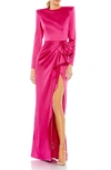 Mac Duggal Satin Bow Long Sleeve Column Gown In Magenta
