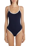 Moncler One-piece Swimsuit With Logo Trim In Navy