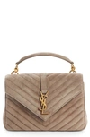 Saint Laurent Medium College Suede Shoulder Bag In Taupe